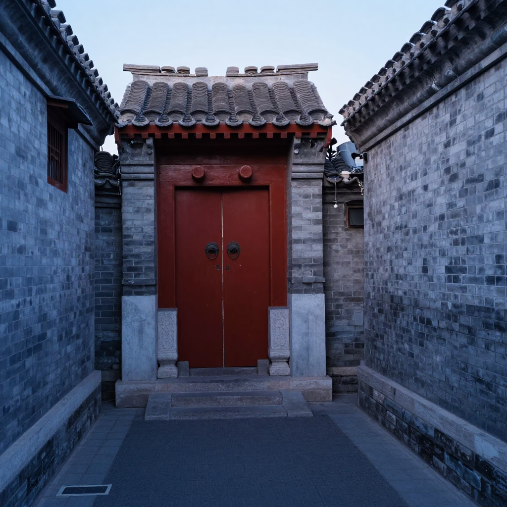 Early Morning Beijing Street Scene with Traditional Hutong Door Mat and Quiet Dawn Atmosphere in in Beijing, China