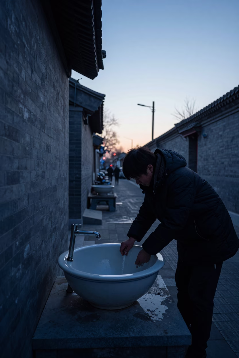Early Morning Beijing Street Scene with Traditional Wash Basin and Humble Daily Life in in Beijing, China
