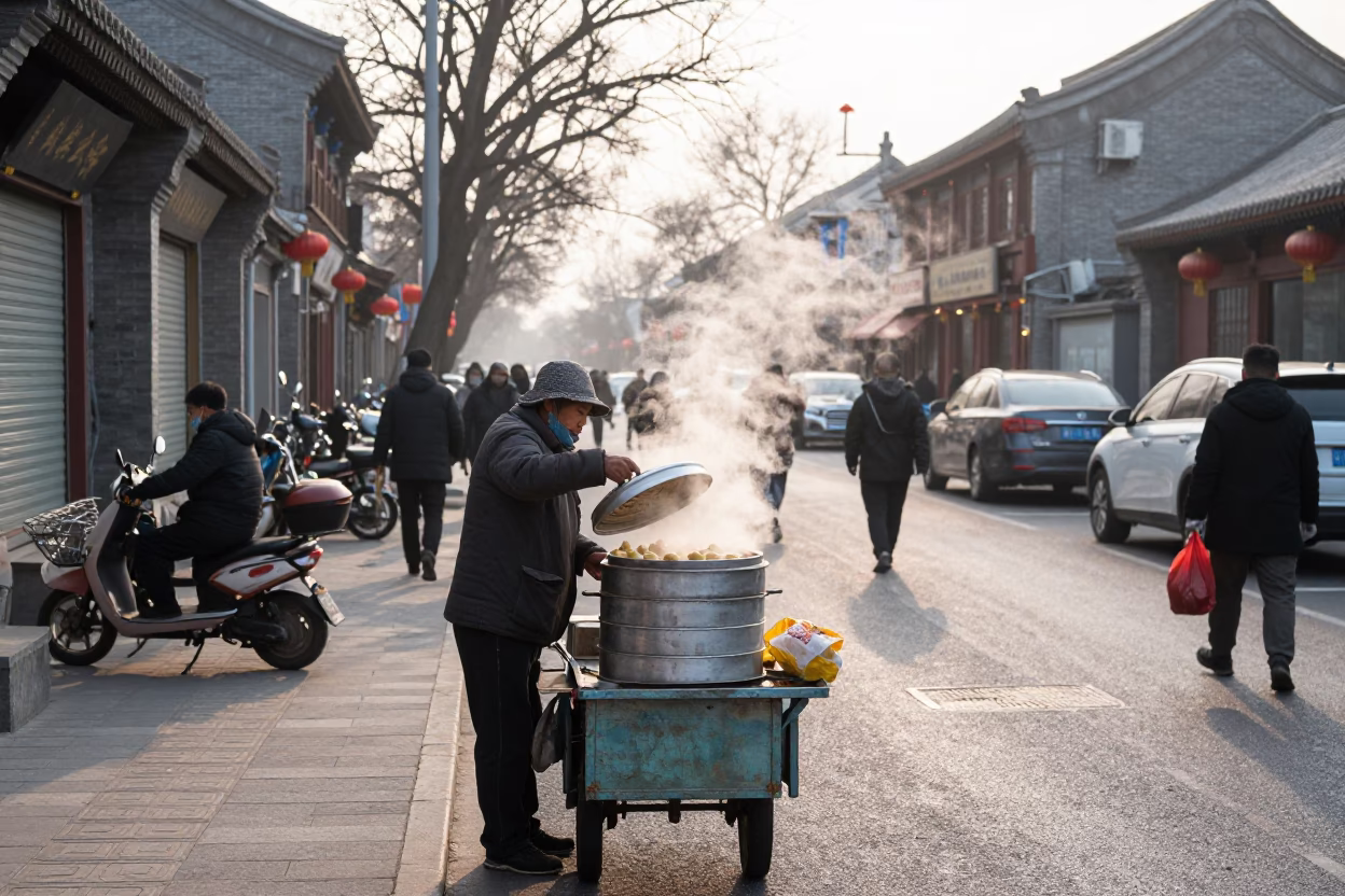 Early Morning Beijing Street Scene with Vendor Selling Steamed Buns and Tea in in Beijing, China
