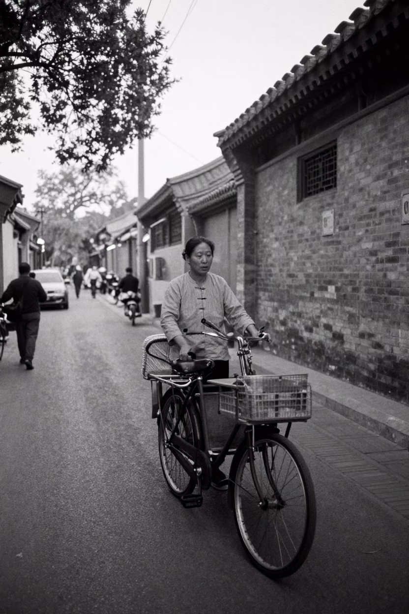 Early Morning Beijing Street Scene with Vintage Bicycle and Local Breakfast Vendor in in Beijing, China