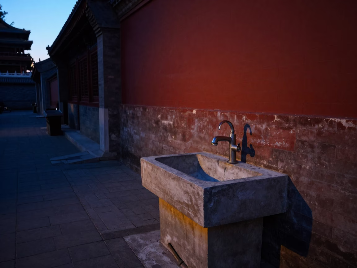Early Morning Beijing Street Scene with Wash Basin and Persimmons Before Dawn in in Beijing, China