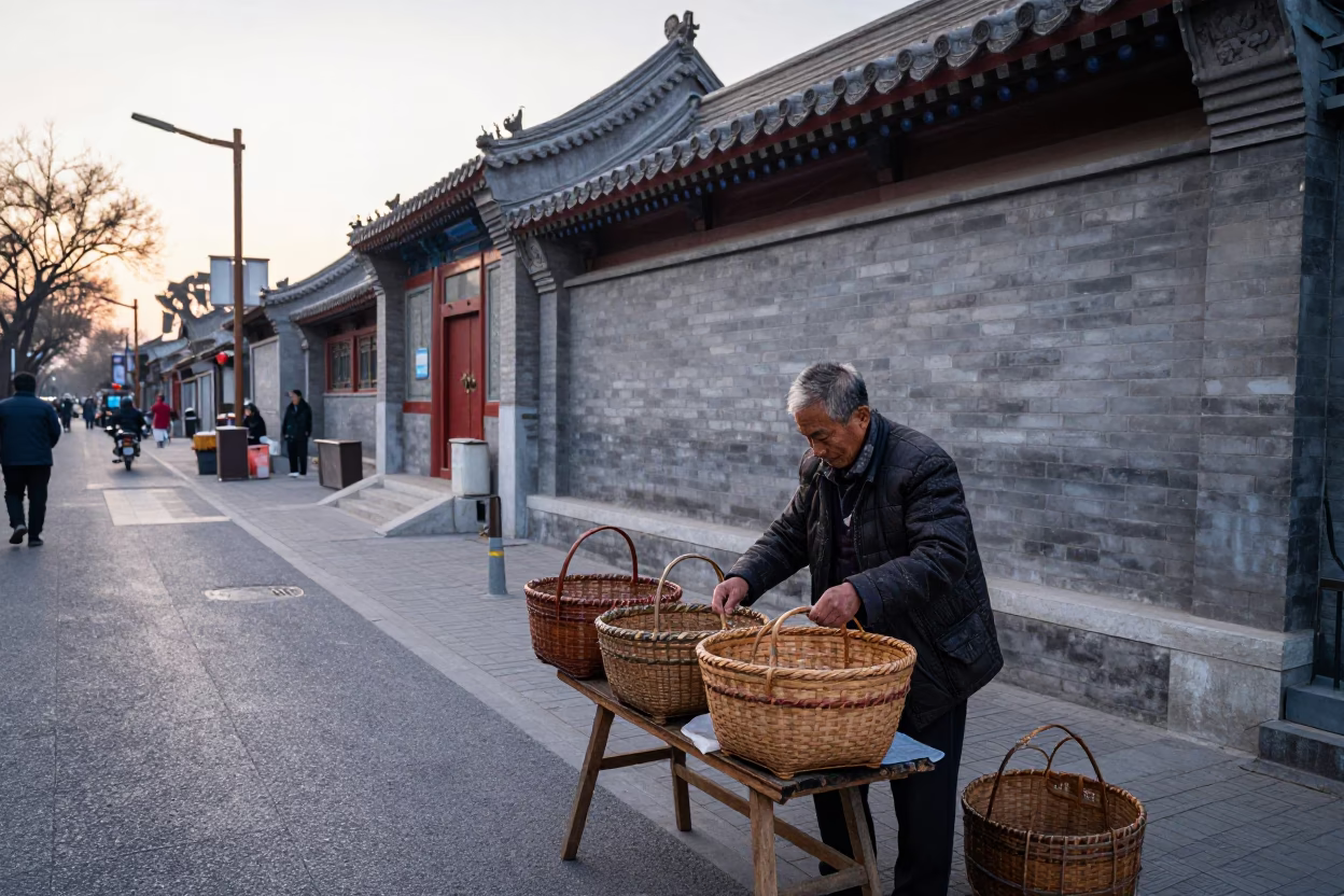 Early Morning Beijing Street Scene with Woven Baskets and Rusty Grout Details in in Beijing, China