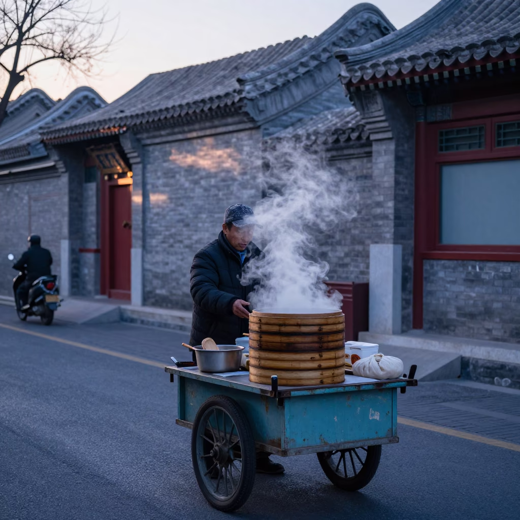 Early Morning Beijing Street Vendor Breakfast Scene Before Sunrise in in Beijing, China