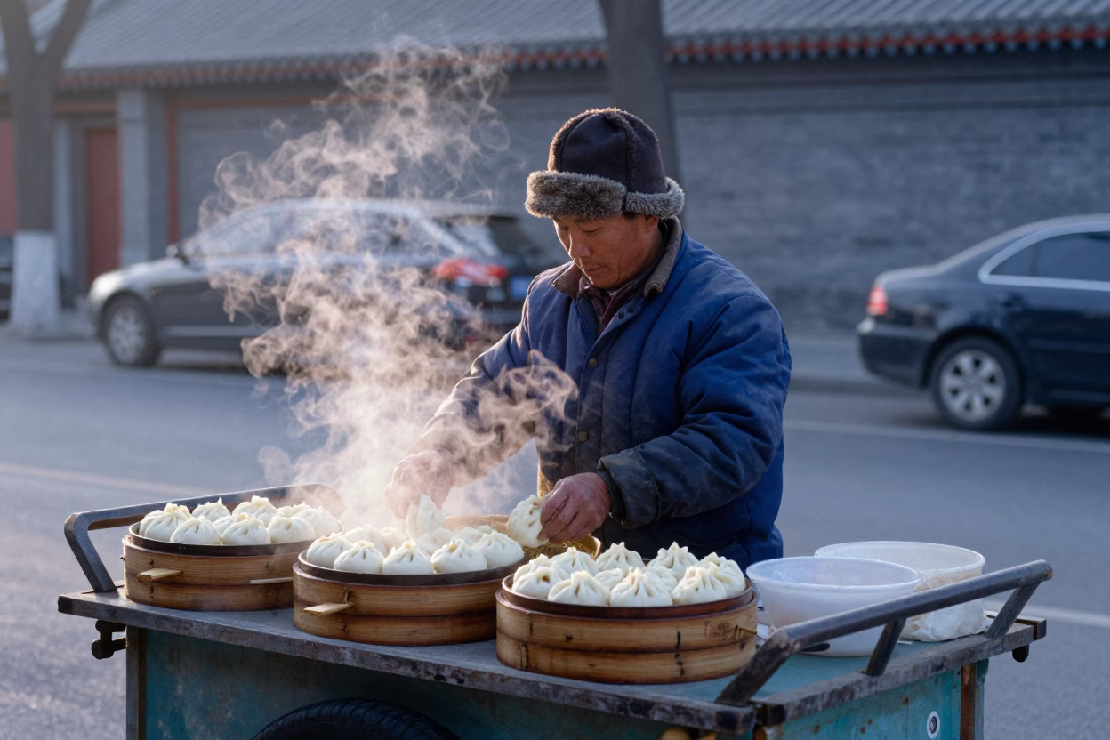 Early Morning Beijing Street Vendor Preparing Breakfast Before Sunrise in in Beijing, China