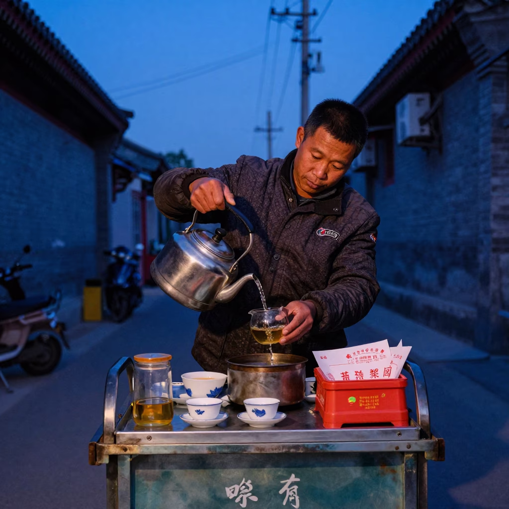 Early Morning Beijing Street Vendor Preparing Tea with Paper Lanterns Before Dawn in in Beijing, China