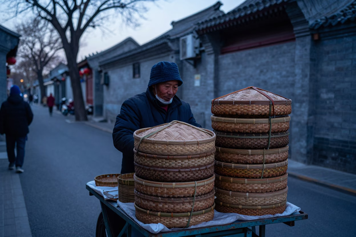 Early Morning Beijing Street Vendor Selling Steamed Woven Bamboo Baskets Before Dawn in in Beijing, China