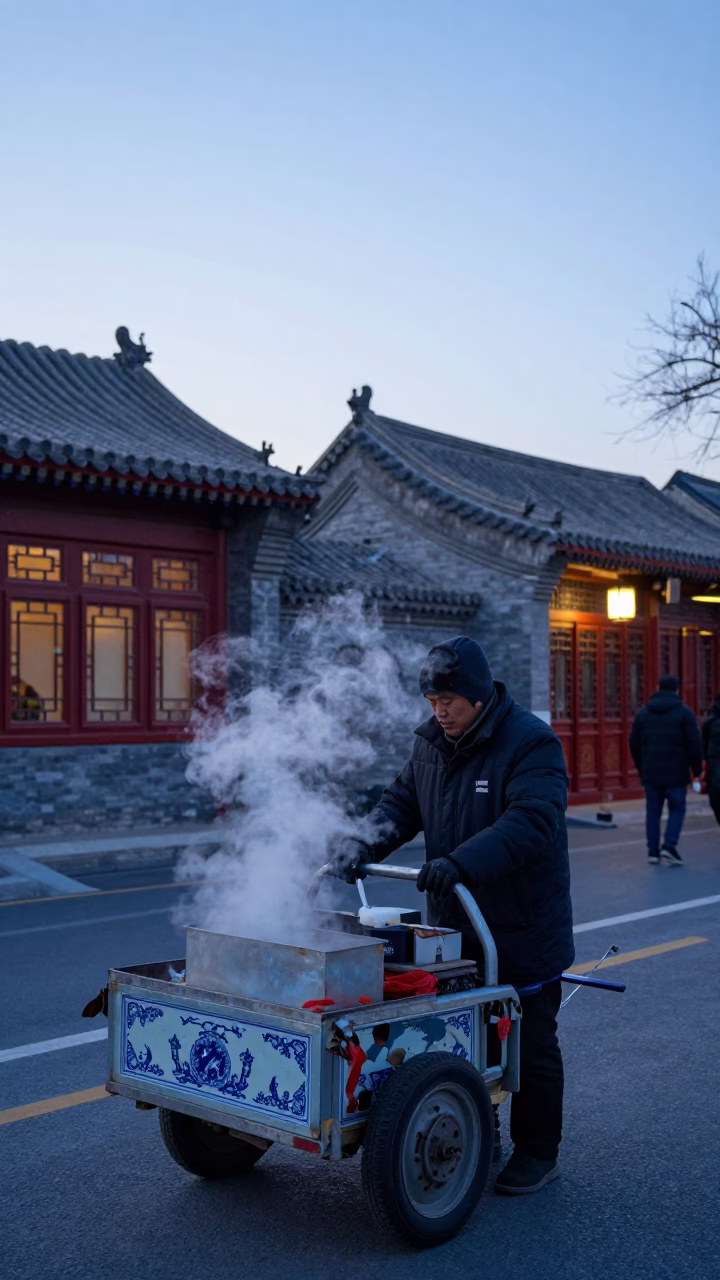 Early Morning Beijing Street Vendor with Blue and White Porcelain Bowl Before Dawn in in Beijing, China