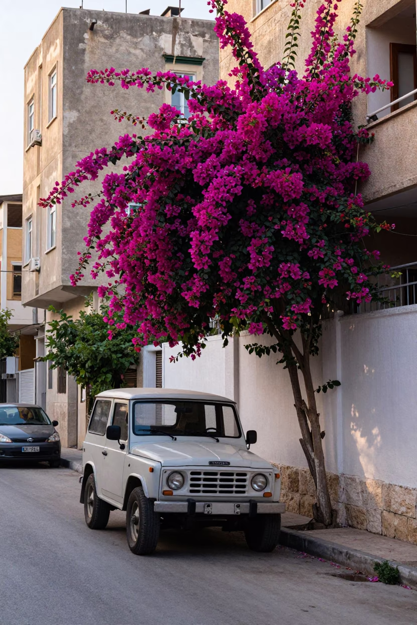 Early Morning Beirut Street Scene with Bougainvillea and Vintage SUV in in Beirut, Lebanon