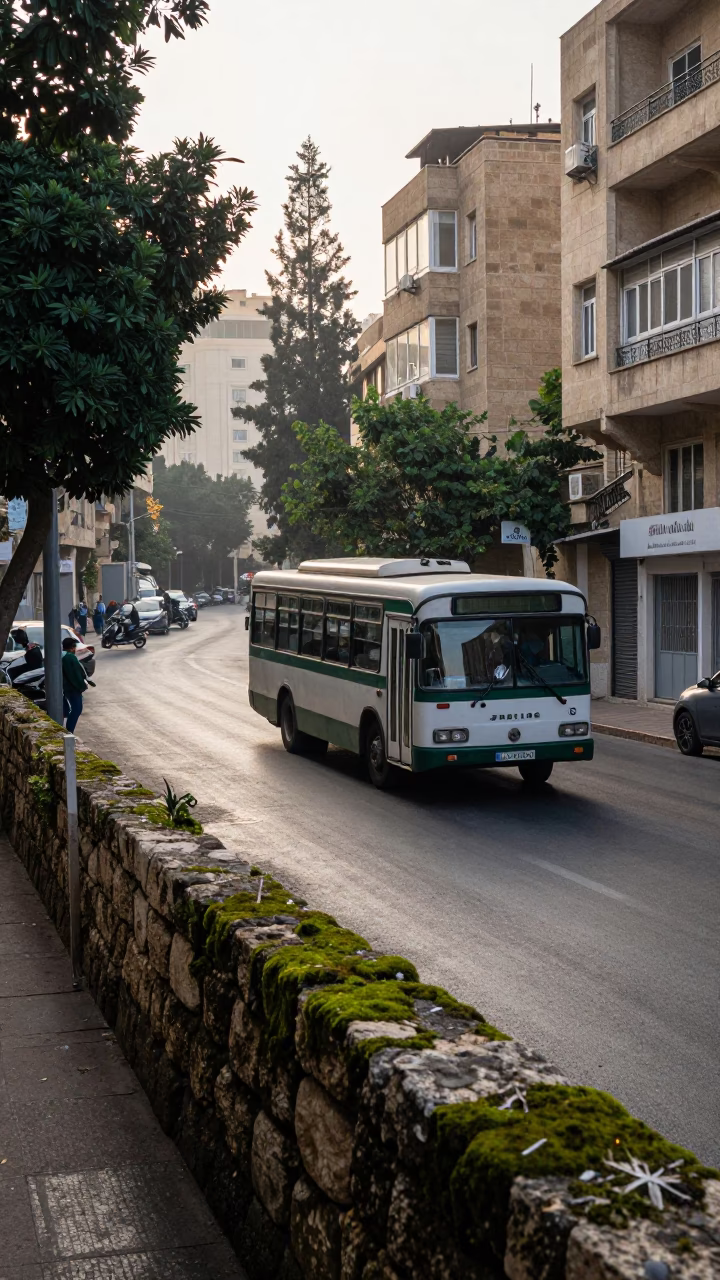 Early Morning Beirut Street Scene with Classic Bus and Mossy Stone Wall in in Beirut, Lebanon