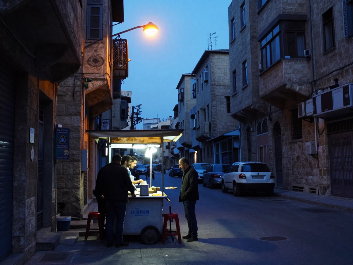 Early Morning Beirut Street Scene with Coffee Stall and Urban Architecture Before Sunrise in in Beirut, Lebanon
