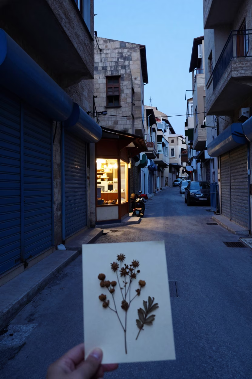Early Morning Beirut Street Scene with Dried Herbarium Sheet and Urban Dawn Light in in Beirut, Lebanon