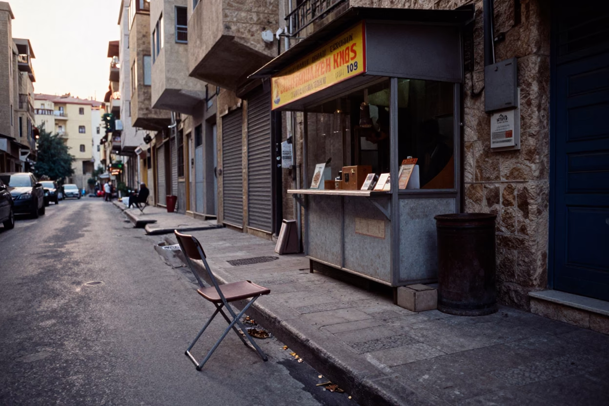 Early Morning Beirut Street Scene with Folding Chair and Glass Tumblers in in Beirut, Lebanon