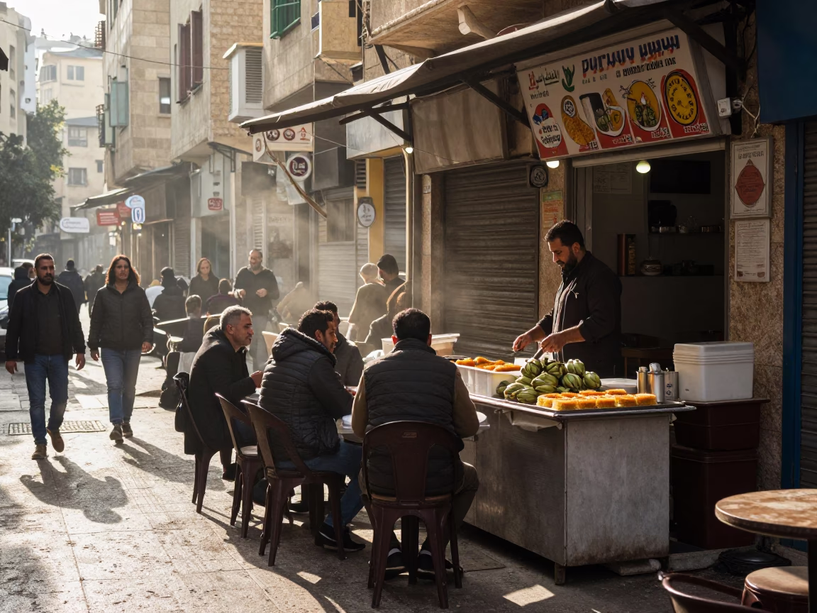 Early Morning Beirut Street Scene with Kunafa and Artichokes in 1980s Style in in Beirut, Lebanon