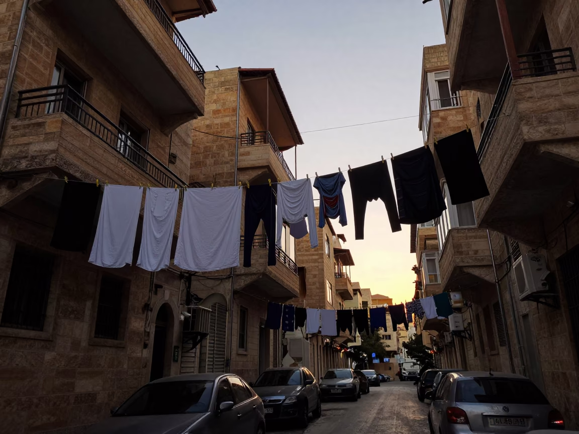 Early Morning Beirut Street Scene with Laundry Hanging from Concrete Balconies in Lebanon in in Beirut, Lebanon