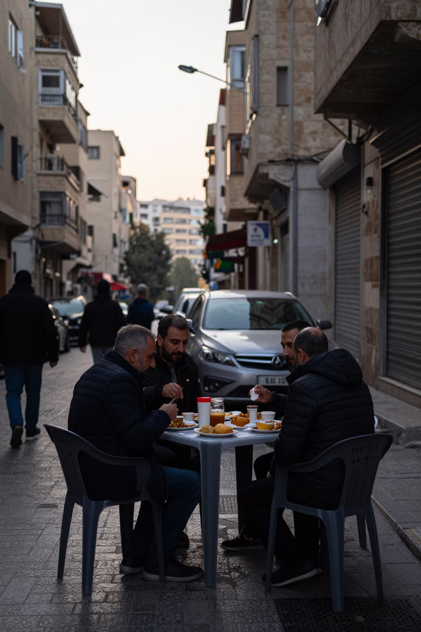 Early Morning Beirut Street Scene with Local Breakfast Spread and Hummus in in Beirut, Lebanon