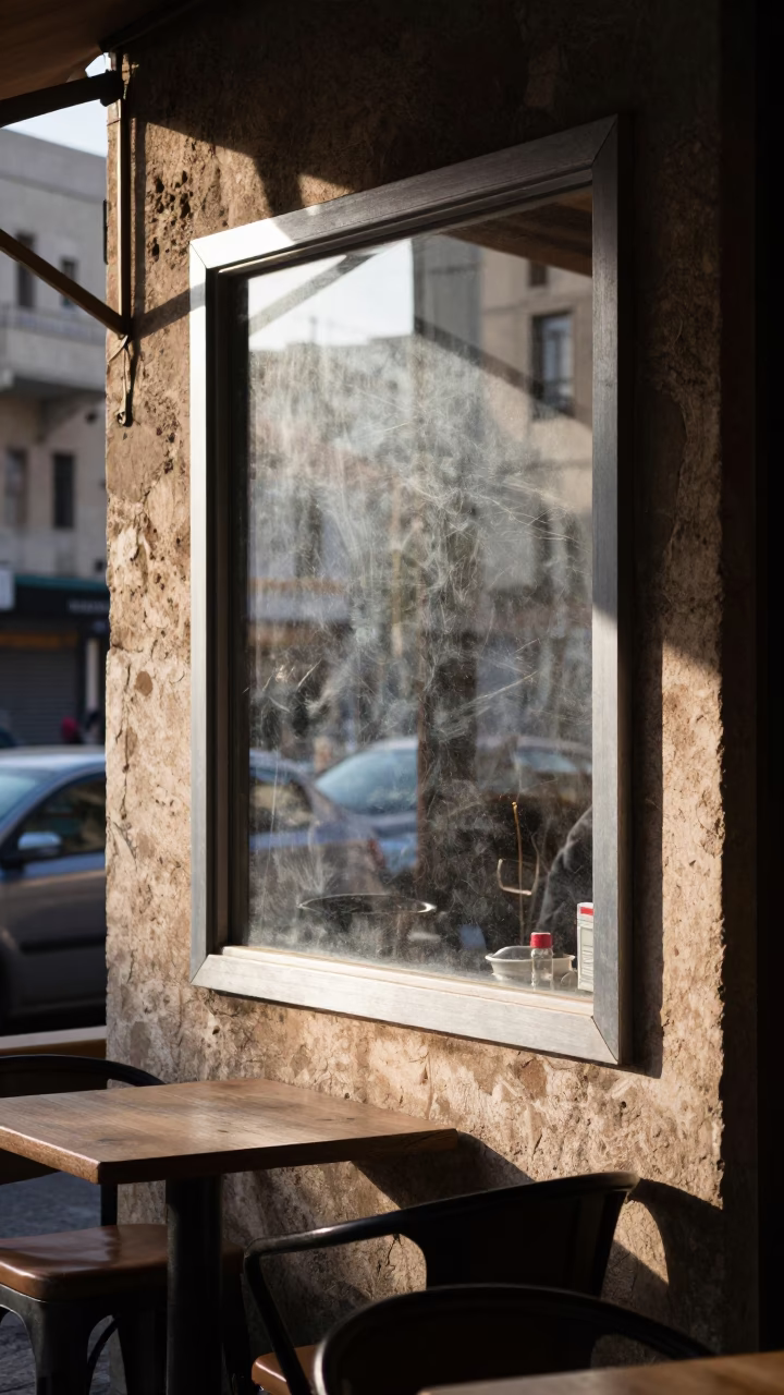 Early Morning Beirut Street Scene with Local Cafe Window Light and Wooden Camp Stool in in Beirut, Lebanon