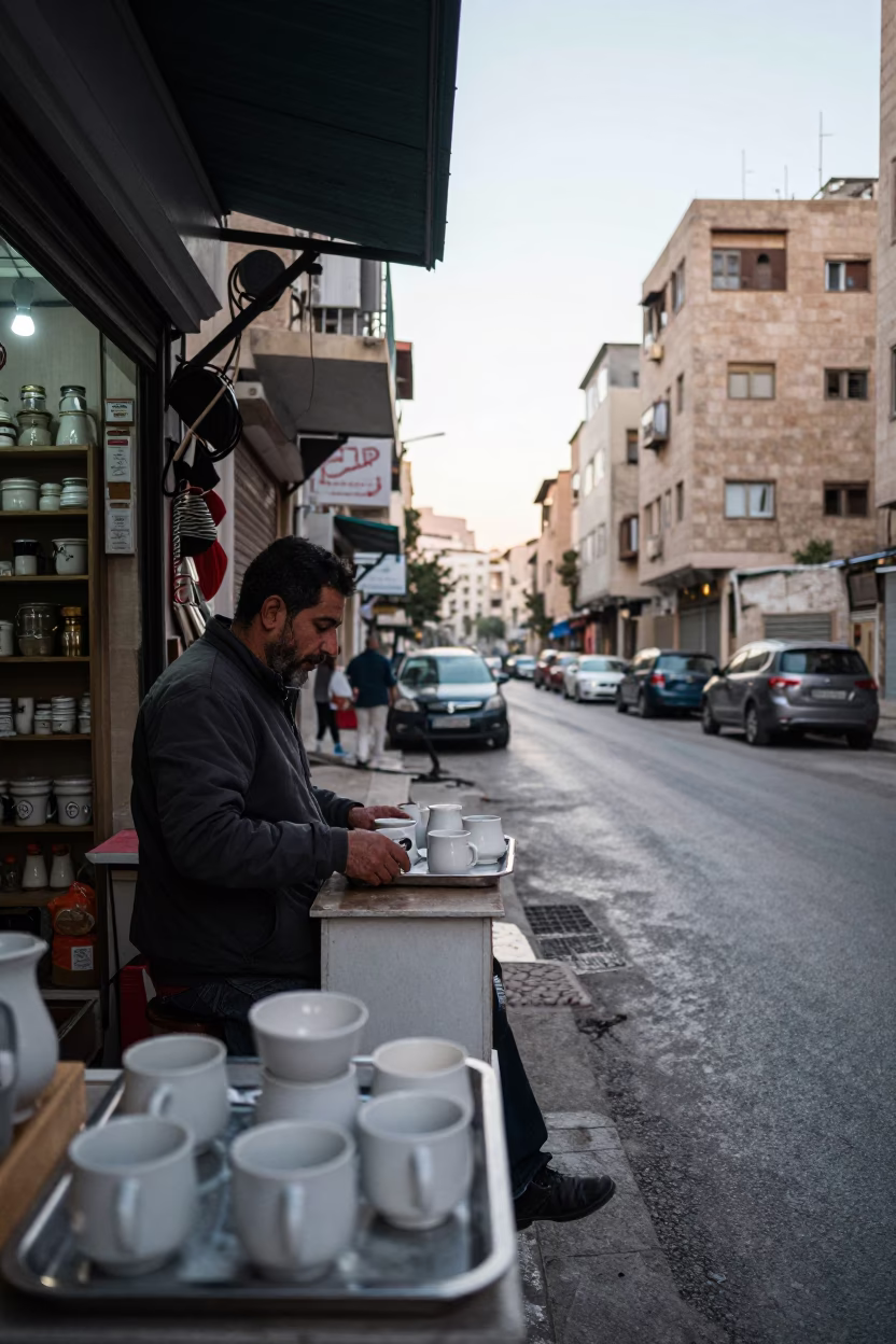 Early Morning Beirut Street Scene with Local Shopkeeper and Coffee Tray in in Beirut, Lebanon
