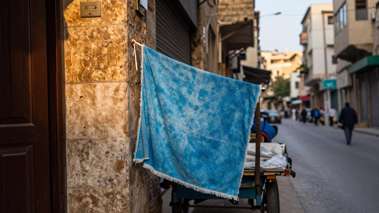Early Morning Beirut Street Scene with Local Vendor and Traditional Tea Towels in in Beirut, Lebanon