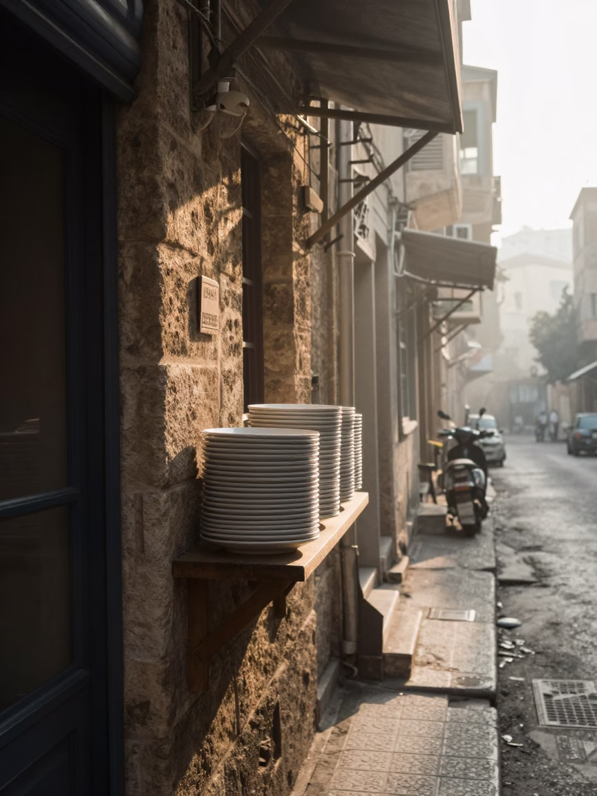 Early Morning Beirut Street Scene with Stacked Plates and Wall Shelf in Traditional Cafe in in Beirut, Lebanon