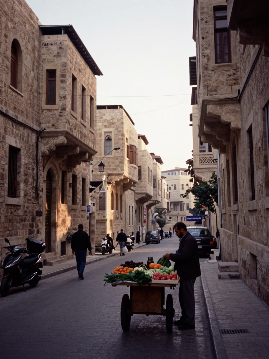 Early Morning Beirut Street Scene with Stone Architecture and Local Market Activity in in Beirut, Lebanon