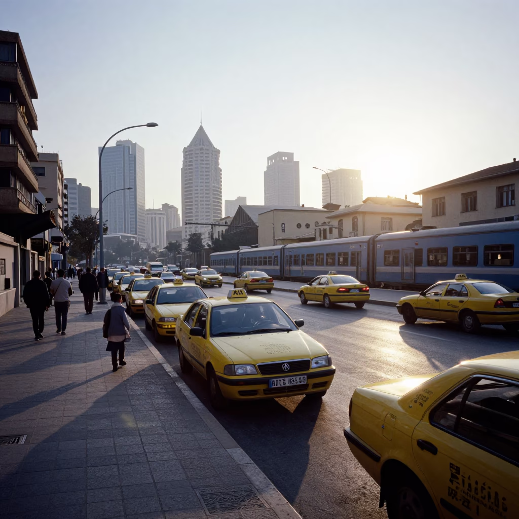 Early Morning Beirut Street Scene with Taxi Rank and Local Morning Routine in in Beirut, Lebanon