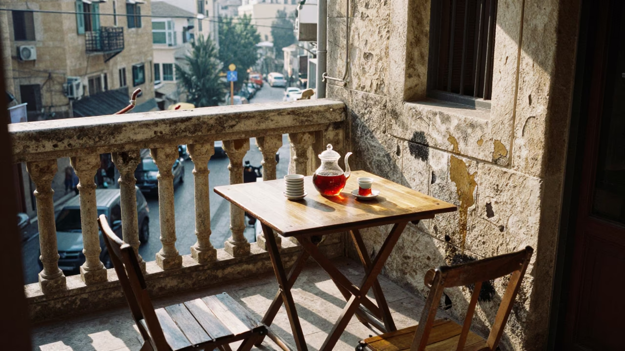 Early Morning Beirut Street Scene with Tea Stains and Stone Architecture in in Beirut, Lebanon