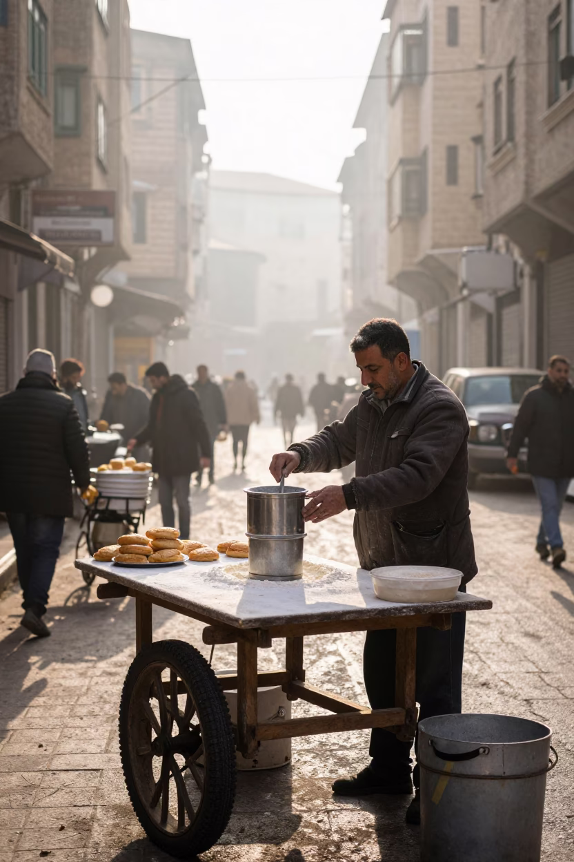 Early Morning Beirut Street Scene with Traditional Coffee Sifter and Local Commerce in in Beirut, Lebanon