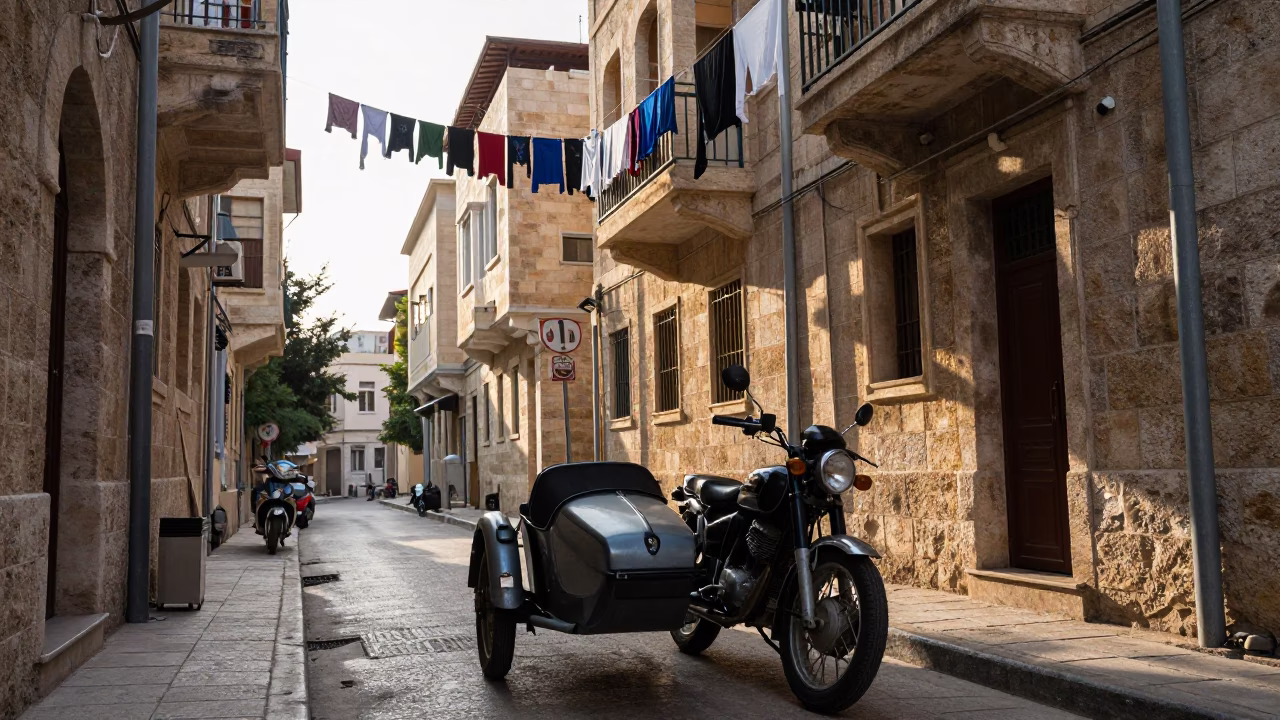 Early Morning Beirut Street Scene with Vintage Motorcycle and Laundry Lines in in Beirut, Lebanon