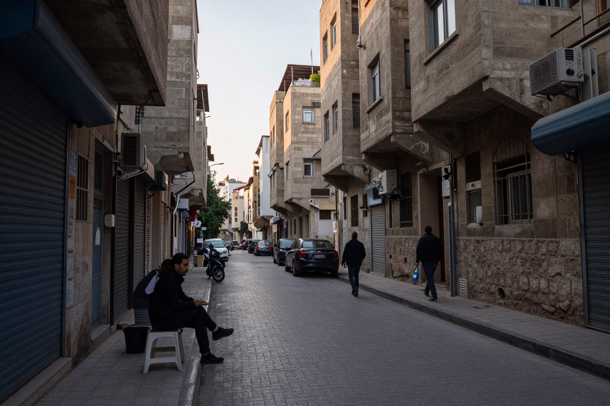 Early Morning Beirut Street Scene with Watering Bottle and Concrete Architecture in in Beirut, Lebanon