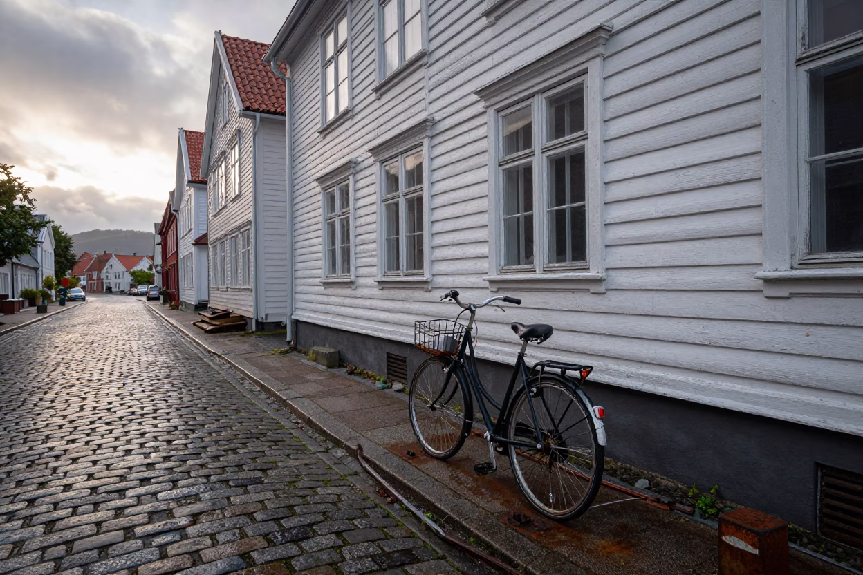 Early Morning Bergen Norway Cobblestone Street Bicycle and Rusty Metal Details in in Bergen, Norway