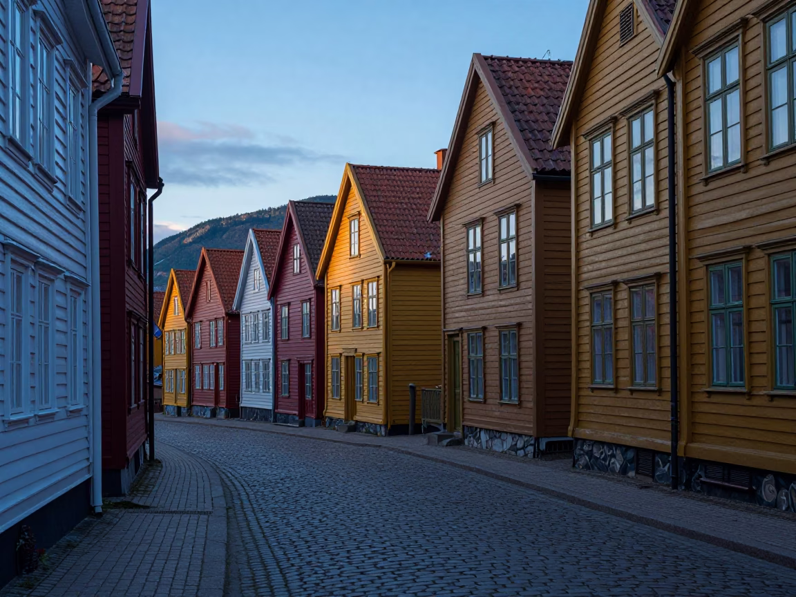 Early Morning Bergen Norway Cobblestone Street with Traditional Wooden Houses Before Sunrise in in Bergen, Norway