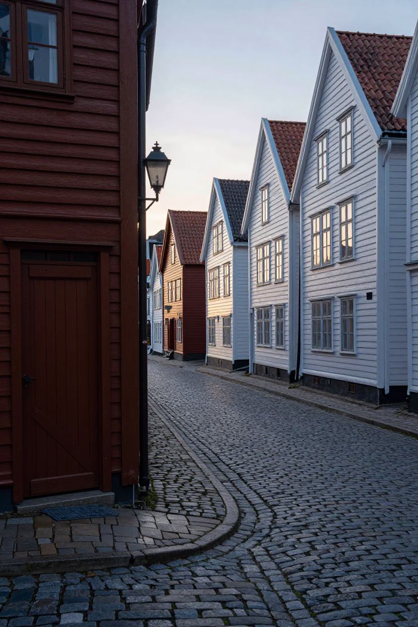 Early Morning Bergen Norway Cobblestone Street with Wooden Door and Boot Scraper in in Bergen, Norway