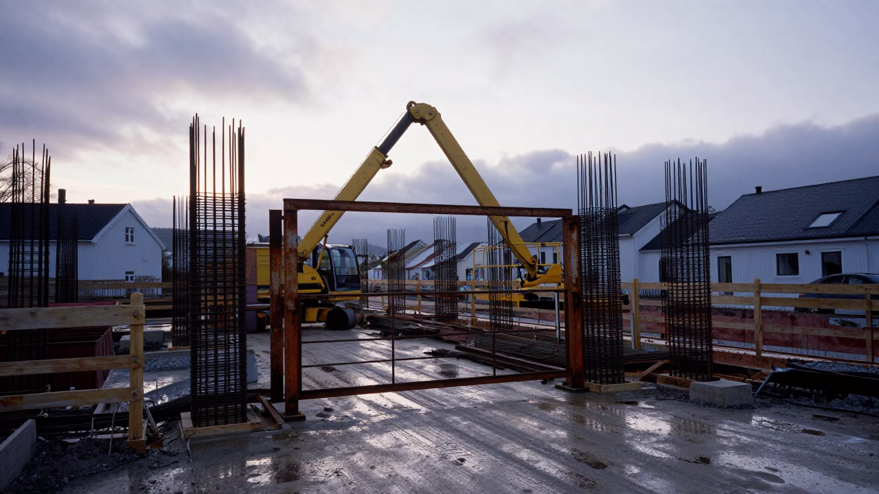Early Morning Bergen Norway Construction Site with Rebar and Elevator Gate in in Bergen, Norway