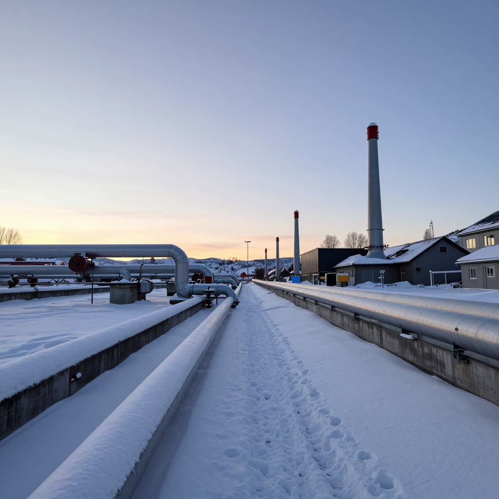 Early Morning Bergen Norway District Heating Pipe Corridor Snow Covered Ground in in Bergen, Norway