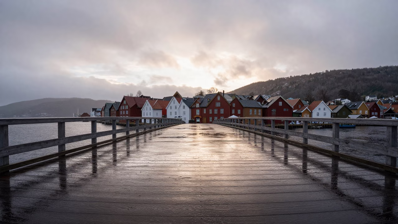Early Morning Bergen Norway Drawbridge Deck Lacquered with Rain and River Light in in Bergen, Norway