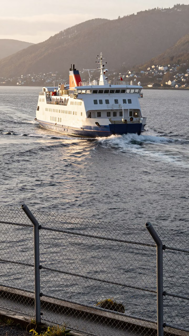 Early Morning Bergen Norway Ferry Crossing Fjord Substation Fence Dew Warning Placards in in Bergen, Norway
