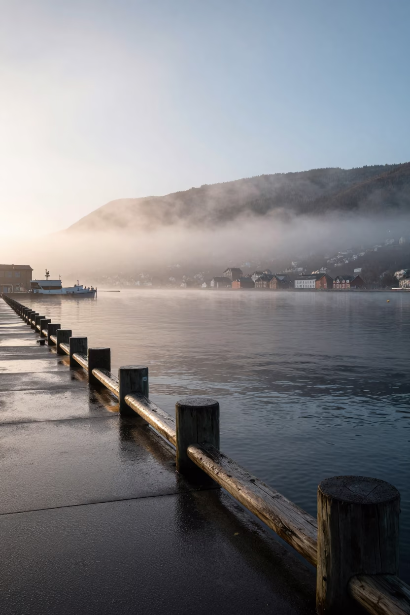 Early morning Bergen Norway harbor scene with sea fog and breakwater in in Bergen, Norway