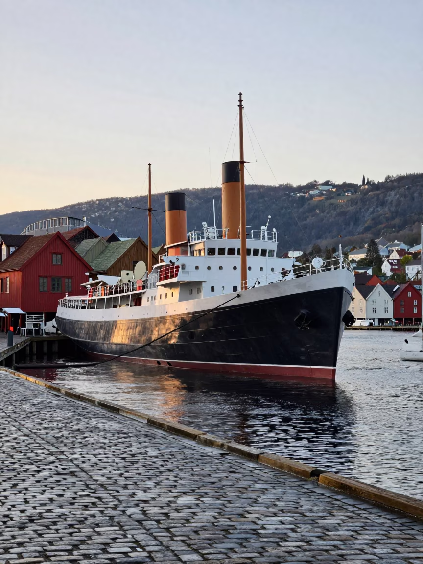 Early Morning Bergen Norway Harbor Scene With Steamship Listing In Swell in in Bergen, Norway