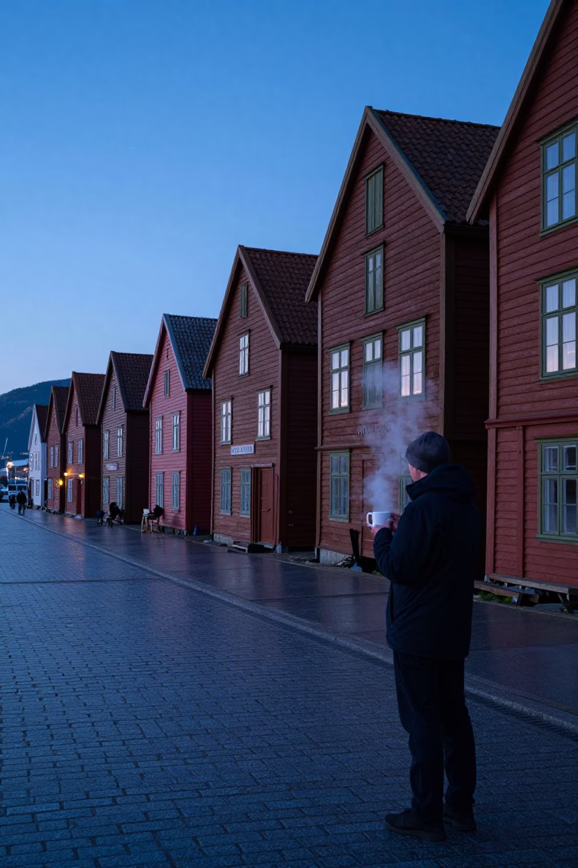 Early Morning Bergen Norway Harbor Street Scene with Wooden Houses and Coffee Mug in in Bergen, Norway