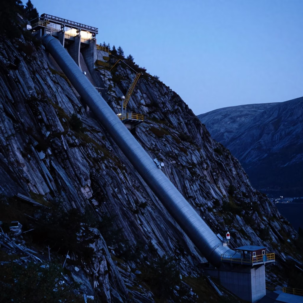 Early Morning Bergen Norway Hydroelectric Penstock Descending Mountain Flank Before Sunrise in in Bergen, Norway