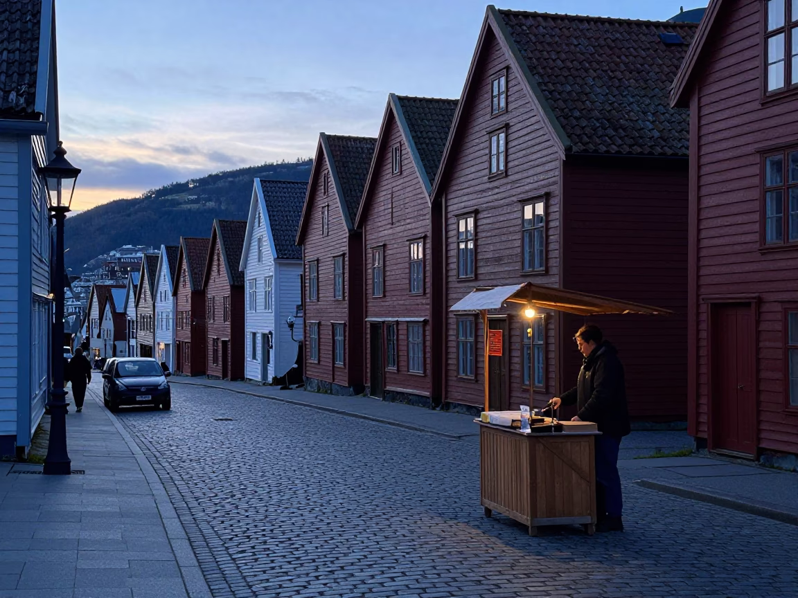 Early Morning Bergen Norway Street Scene Before Sunrise with Local Market Vendor in in Bergen, Norway