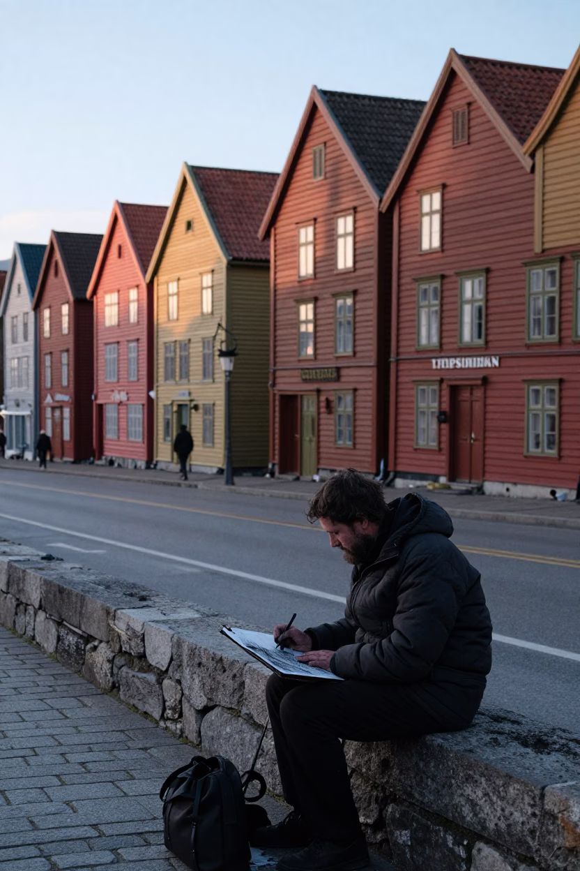 Early Morning Bergen Norway Street Scene with Charcoal Artist and Cobblestone Details in in Bergen, Norway