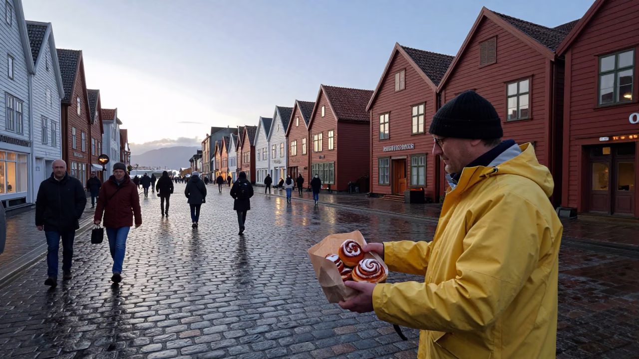 Early Morning Bergen Norway Street Scene with Cinnamon Rolls and Local Breakfast Culture in in Bergen, Norway