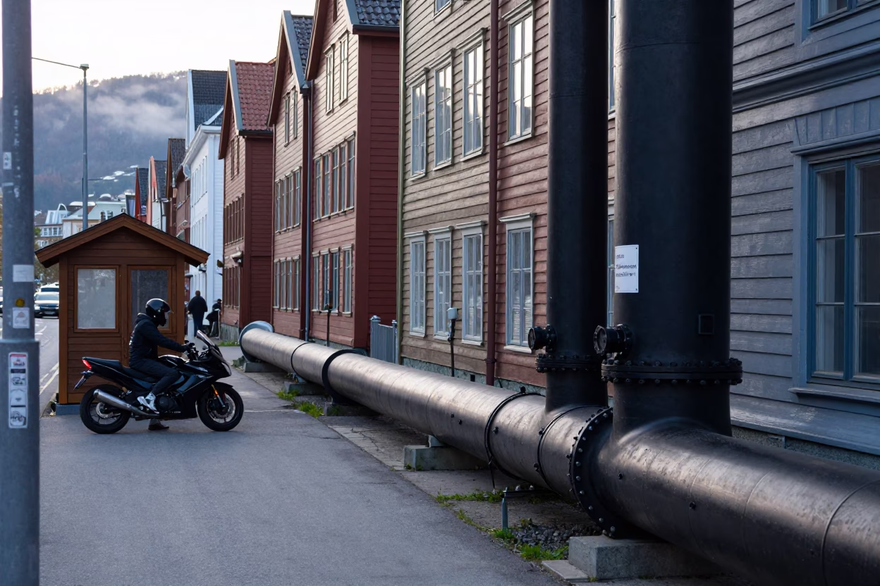Early Morning Bergen Norway Street Scene with District Heating Pipes and Snow in in Bergen, Norway