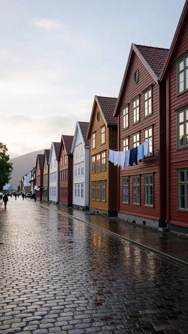 Early Morning Bergen Norway Street Scene with Laundry Hanging on Line in in Bergen, Norway