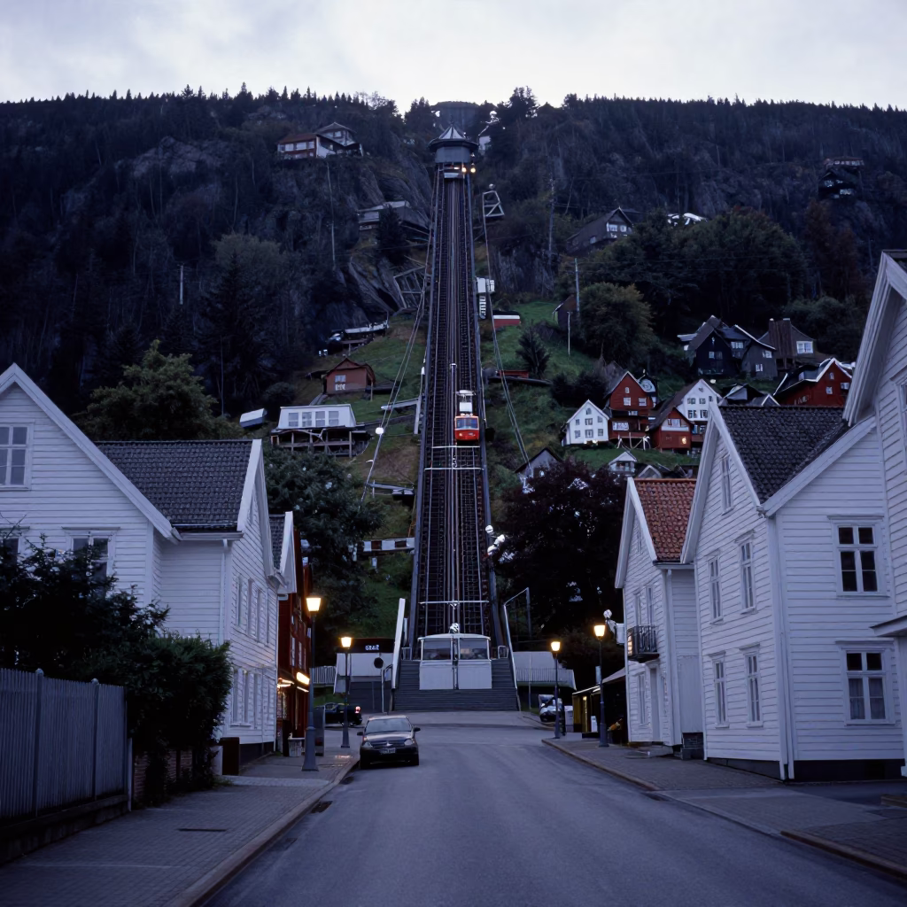 Early Morning Bergen Norway Street Scene with Mountain Cog Railway and Colorful Wooden Houses in in Bergen, Norway
