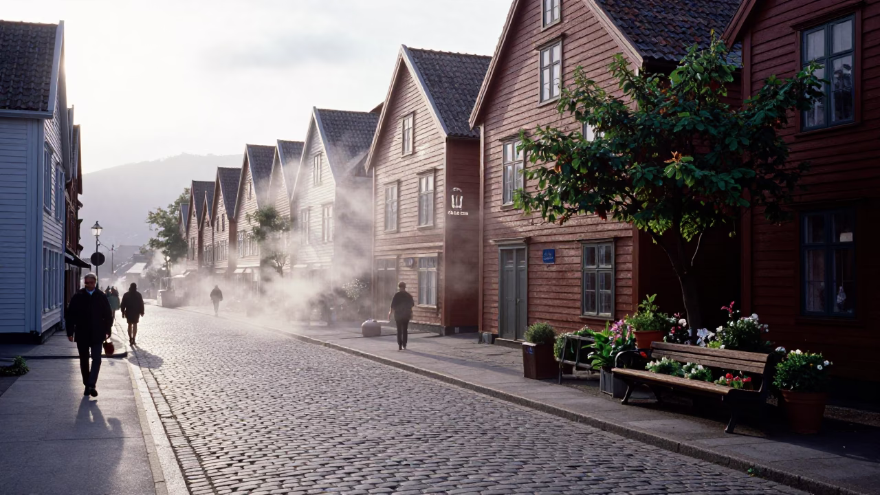 Early Morning Bergen Norway Street Scene with Steam and Garden Tools in in Bergen, Norway