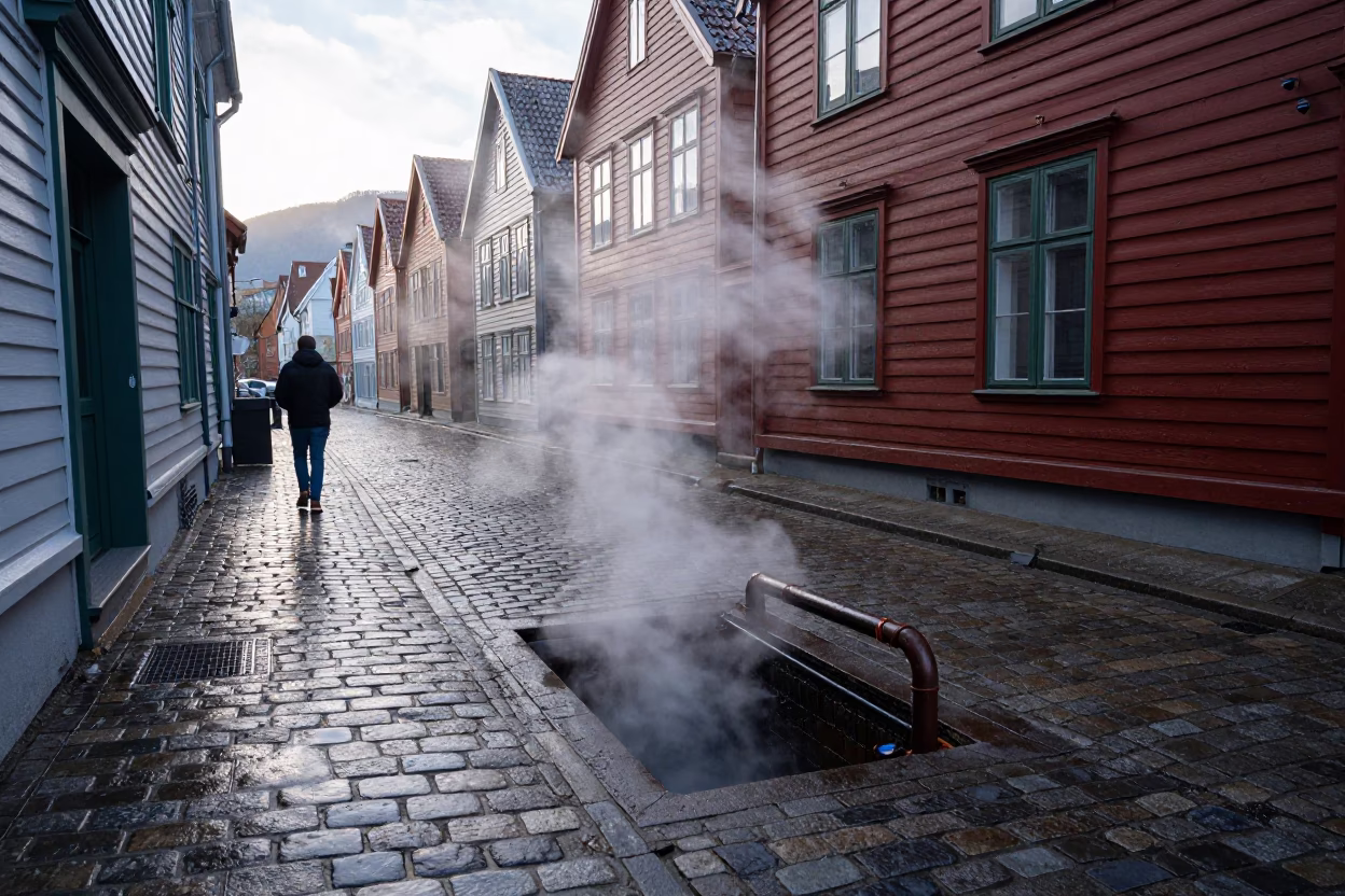 Early Morning Bergen Norway Street Scene with Steaming District Heating Pipes in in Bergen, Norway