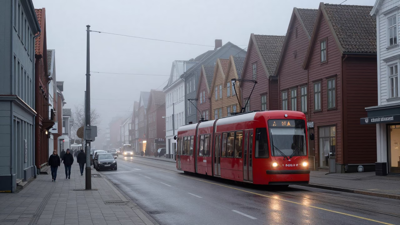 Early Morning Bergen Norway Street Scene with Trams and Foggy Urban Atmosphere in in Bergen, Norway