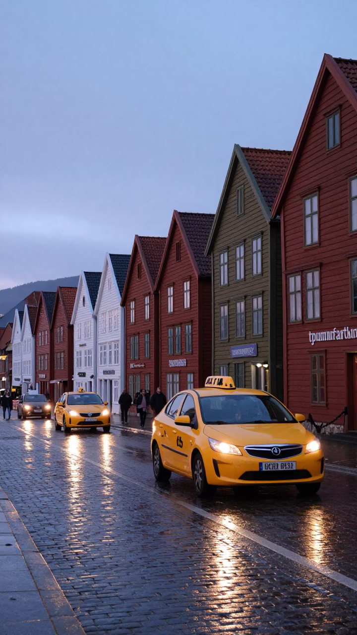 Early Morning Bergen Norway Street Scene with Yellow Taxi and Coastal Architecture in in Bergen, Norway